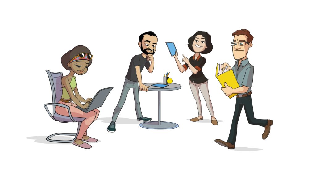 A imagem representa 4 pessoas, em volta de uma mesa. Unidas para pensar e resolver um problema de negócio.